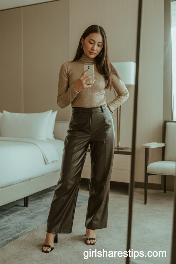 Shimmery Gold Top with Leather Pants