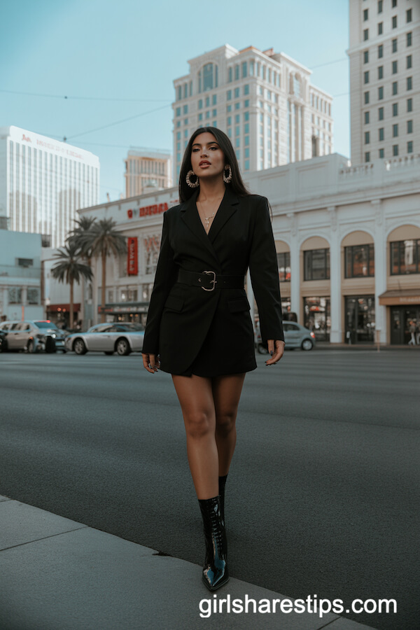Belted Blazer Dress with Patent Boots