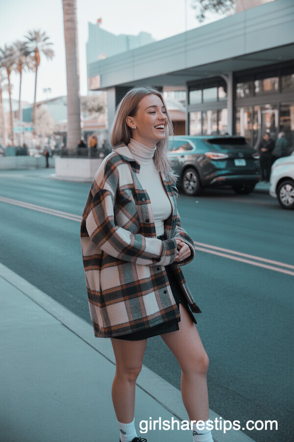 Oversized Plaid Shacket with Mini Skirt