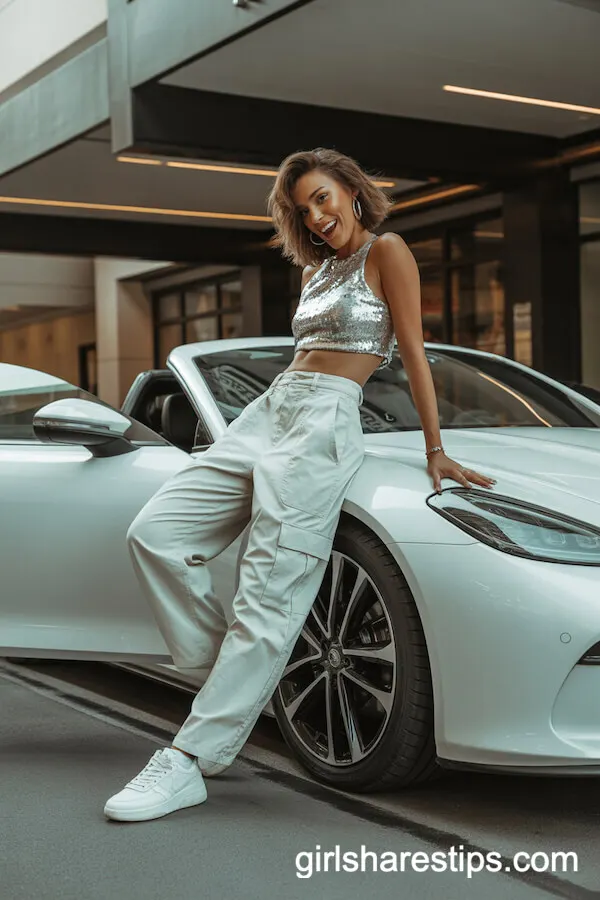 Silver Sequin Crop Top White Cargo Pants