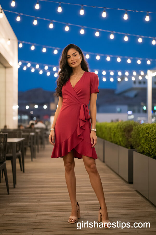 Red Ruffle Wrap Dress with Nude Block Heels