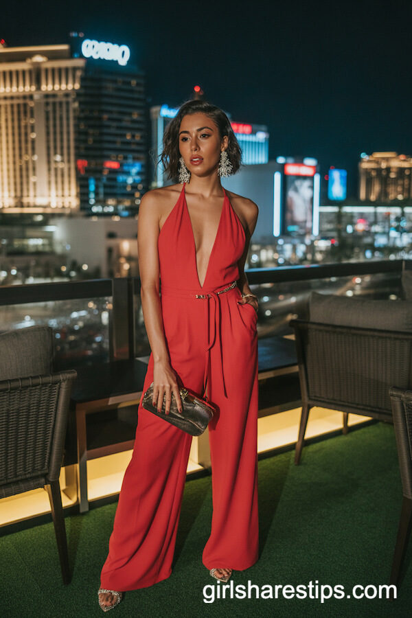 Bold Red Jumpsuit with a Plunging Neckline