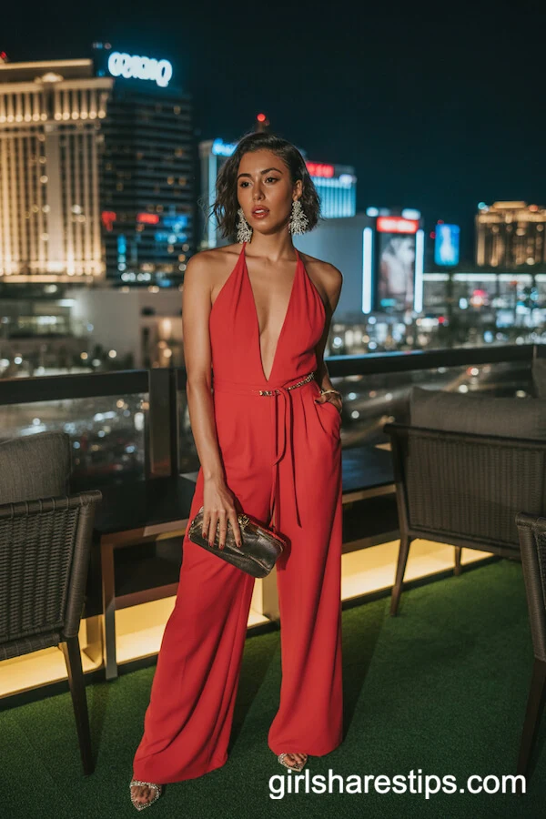 Bold Red Jumpsuit with a Plunging Neckline