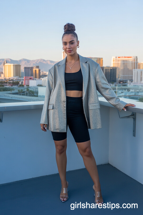 Silver Sparkly Blazer and Bike Shorts Club Outfit
