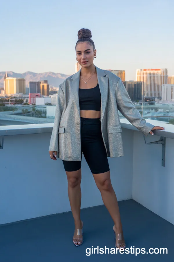 Silver Sparkly Blazer and Bike Shorts Club Outfit