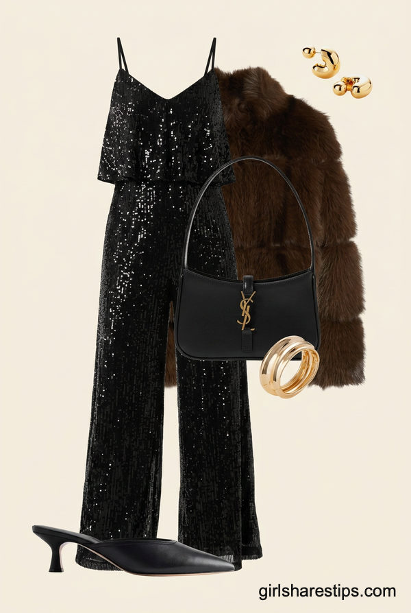 Sparkling Glamour: The Sequin Jumpsuit & Faux Fur Statement