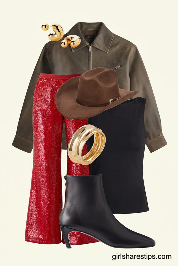 Desert Rebel: Crimson Sequins & Distressed Leather