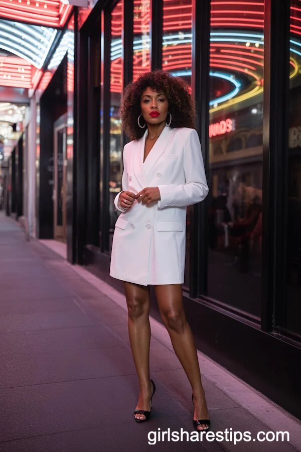 White Blazer Dress with Black Stilettos