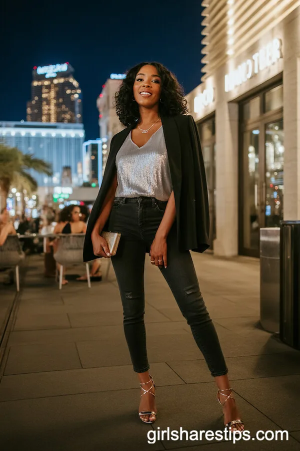 Dark Skinny Jeans with Sequin Camisole and Blazer