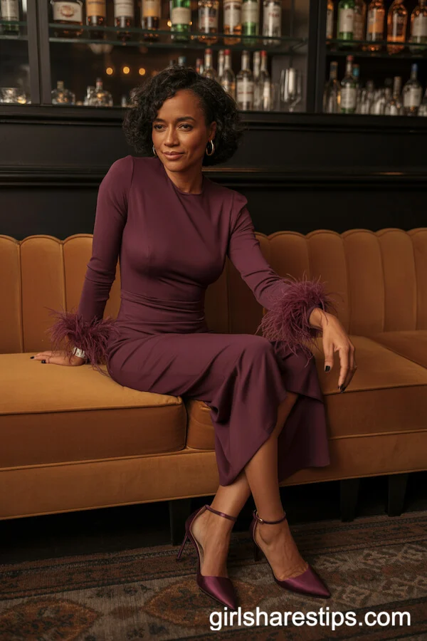 Plum Feather Cuff Midi Dress with Heels