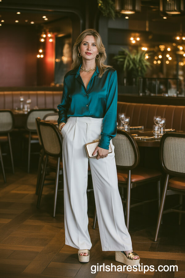 Emerald Silk Blouse with White Wide-Leg Trousers