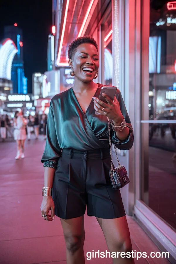 Tailored High-Waisted Shorts with Jewel-Tone Blouse