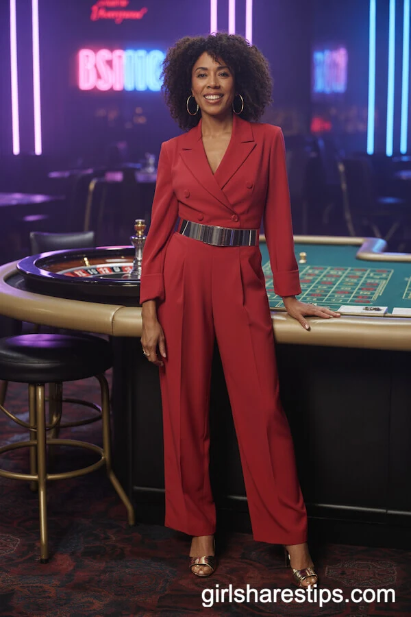 Red Tailored Jumpsuit with Metallic Belt