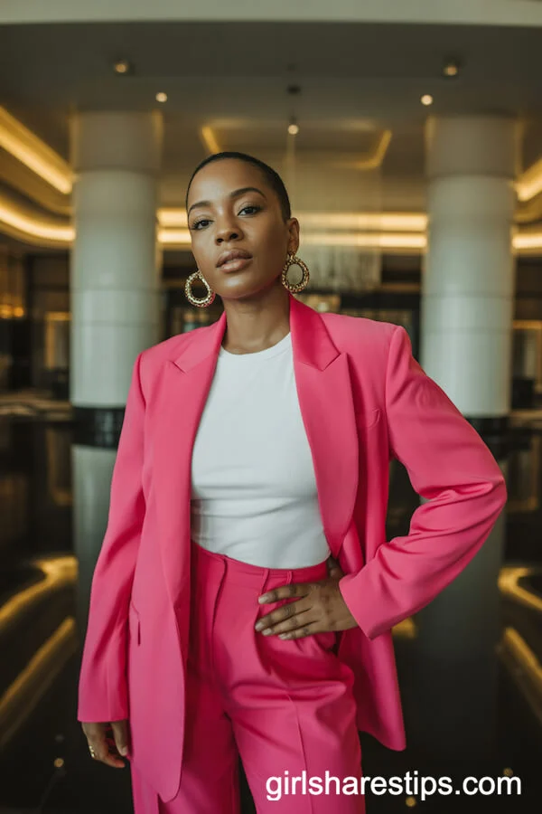 Hot Pink Pantsuit with Statement Earrings