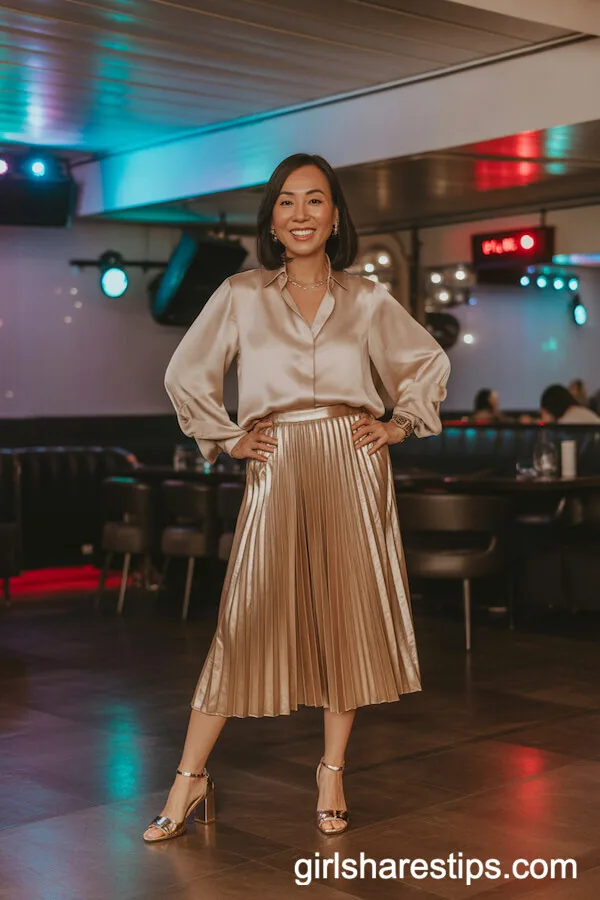 Pleated Metallic Skirt and Soft Blouse