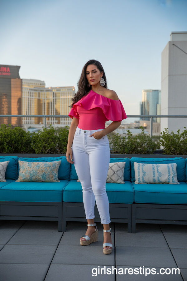 Fitted White Jeans with Off-the-Shoulder Top