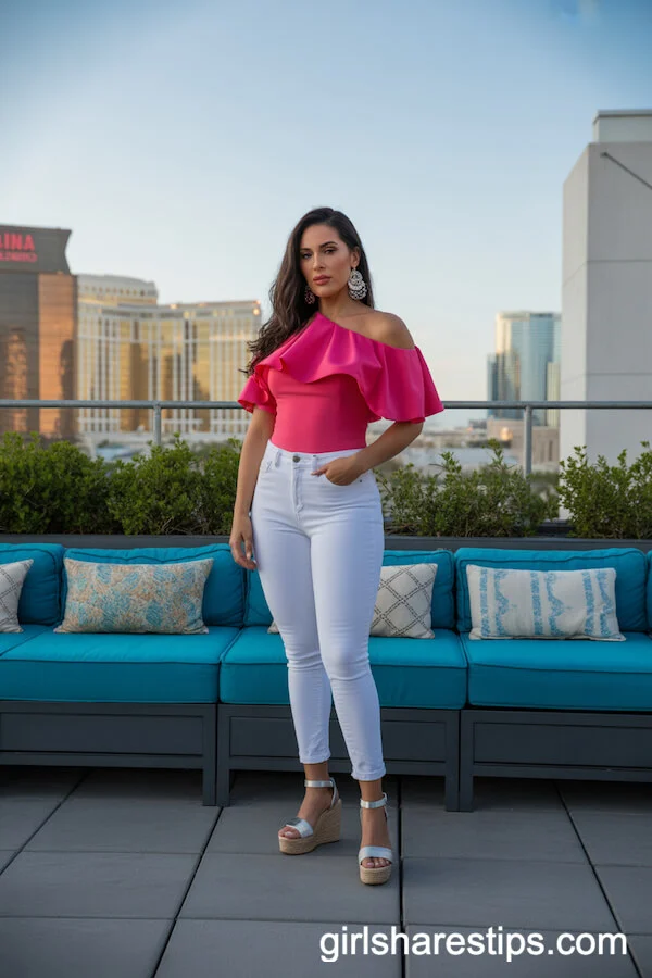 Fitted White Jeans with Off-the-Shoulder Top