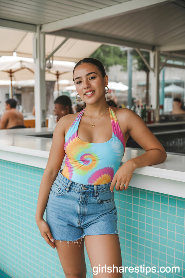 Tie-Dye One Piece Suit with Denim Shorts and Hoops