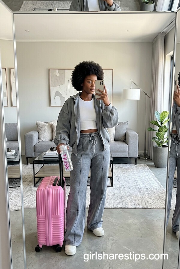 Grey Hoodie And Olive Leggings Layered Look