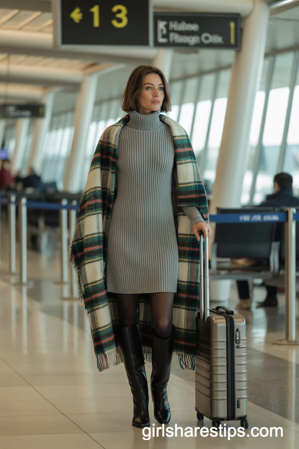Ribbed Knit Dress with Blanket Scarf and Knee-High Boots