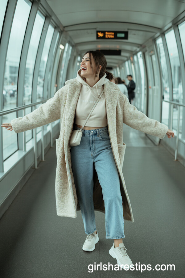 Teddy Coat and Cropped Hoodie with Straight-Leg Jeans