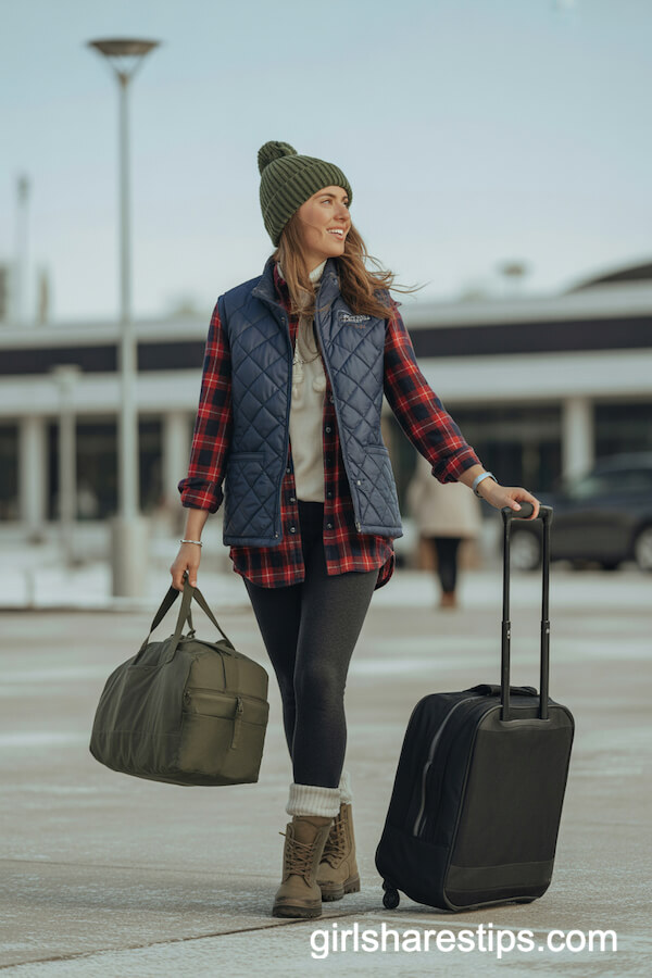 Quilted Vest Layered over Flannel and Thermal Leggings