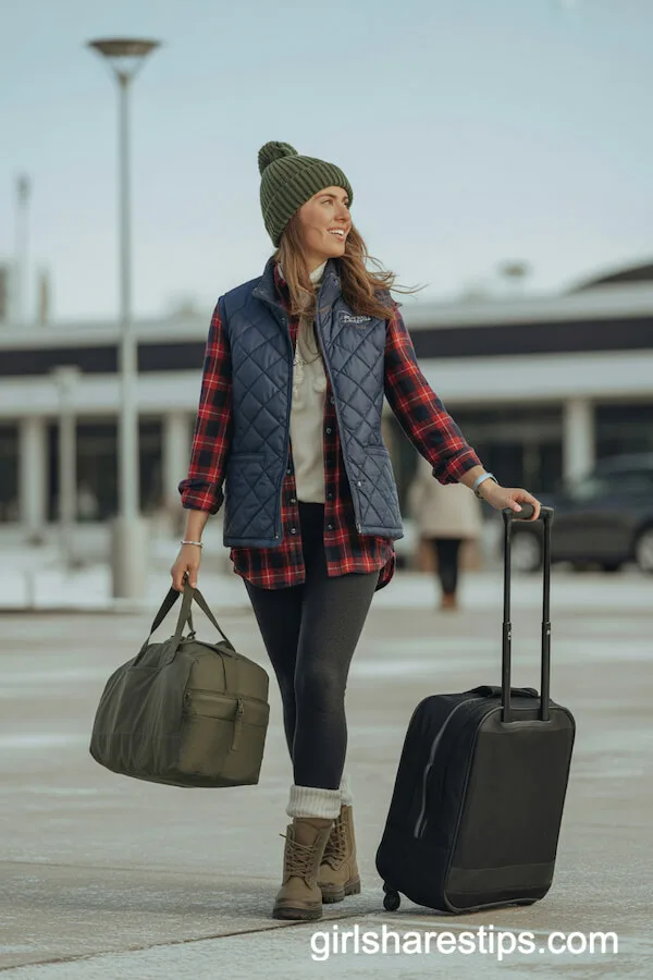 Quilted Vest Layered over Flannel and Thermal Leggings