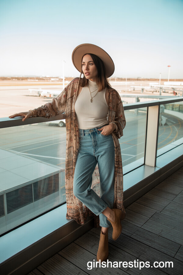 Printed Duster Cardigan with Mom Jeans and Ankle Boots