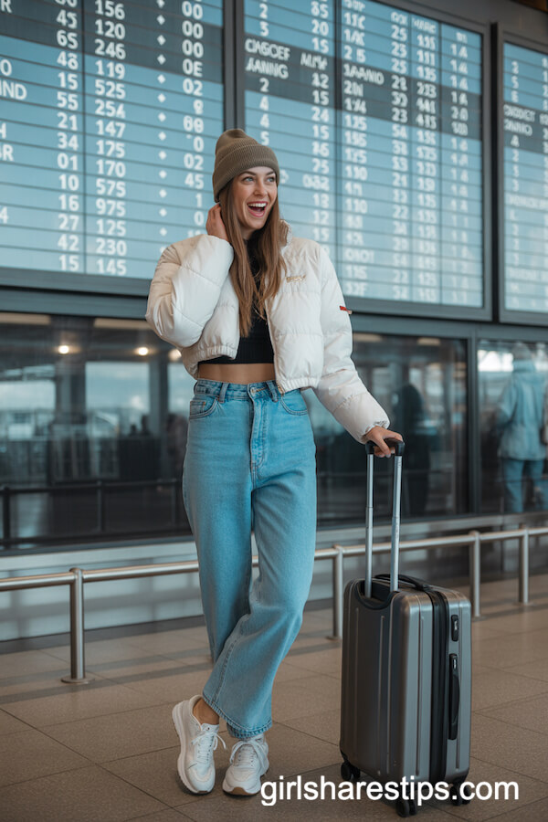 Cropped Puffer Jacket High-Waisted Jeans