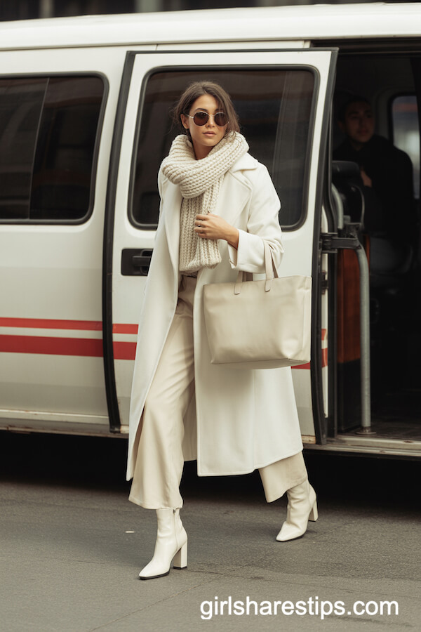White Wool Coat with Ivory Wide-Leg Trousers