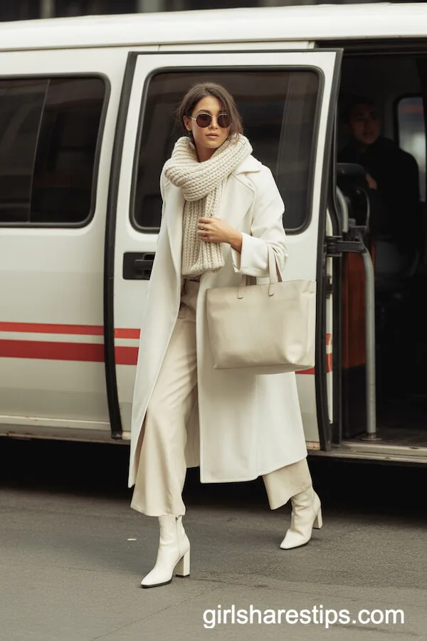 White Wool Coat with Ivory Wide-Leg Trousers