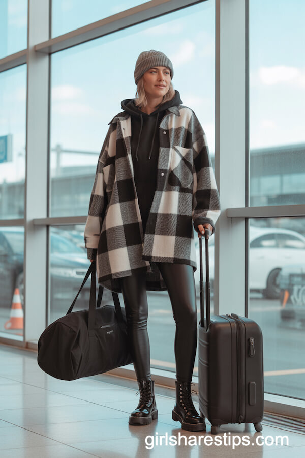 Plaid Shacket and Hoodie with Leggings and Combat Boots