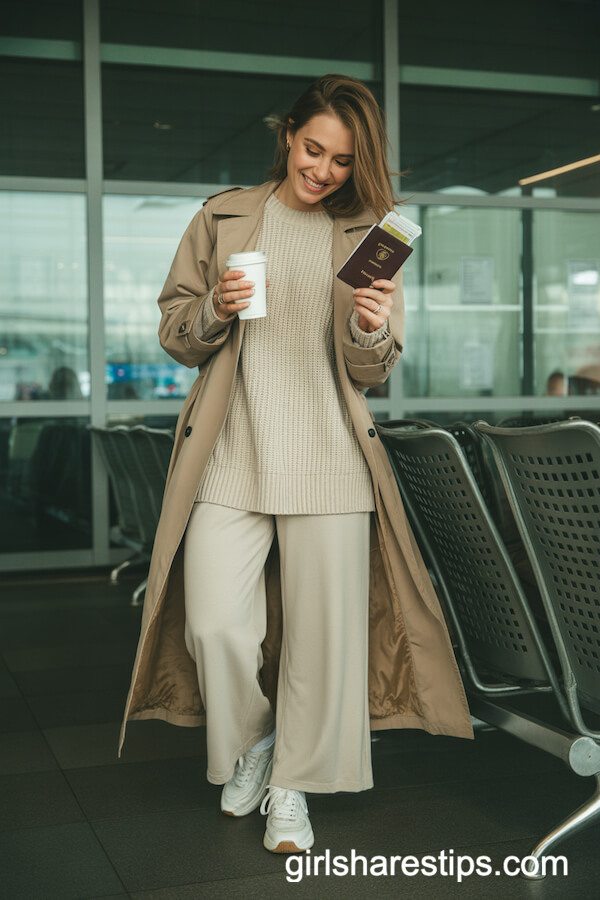 Trench Coat Over Knitwear and Wide-Leg Pants