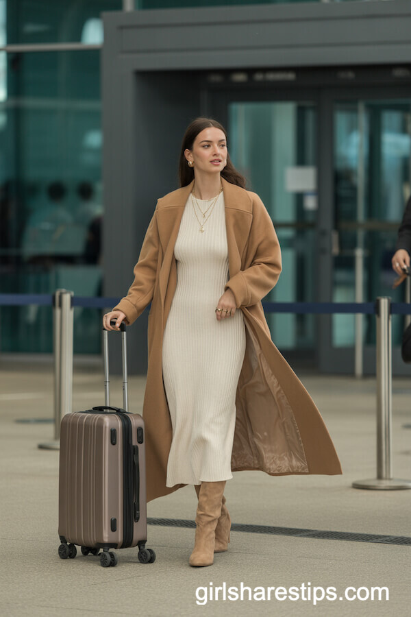 Camel Wool Wrap Coat with Knit Midi Dress
