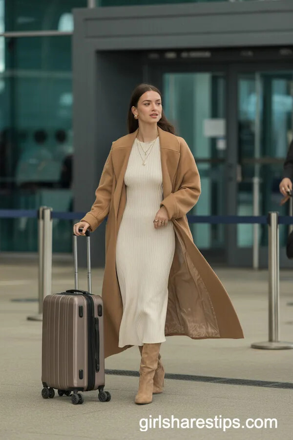 Camel Wool Wrap Coat with Knit Midi Dress