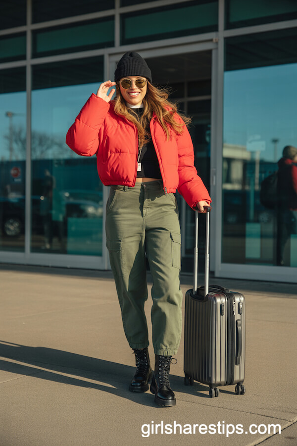 Red Puffer Jacket Cargo Pants Combat Boots