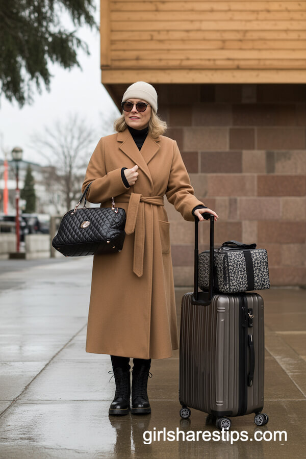 & Belted Wool Coat, Beanie, and Combat Boots