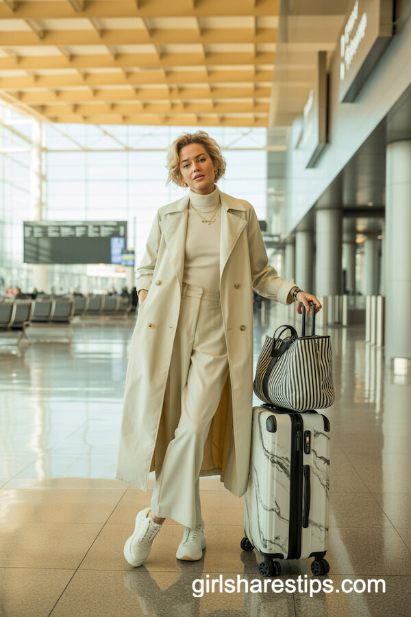 Cream Trench Coat and Wide-Leg Pants