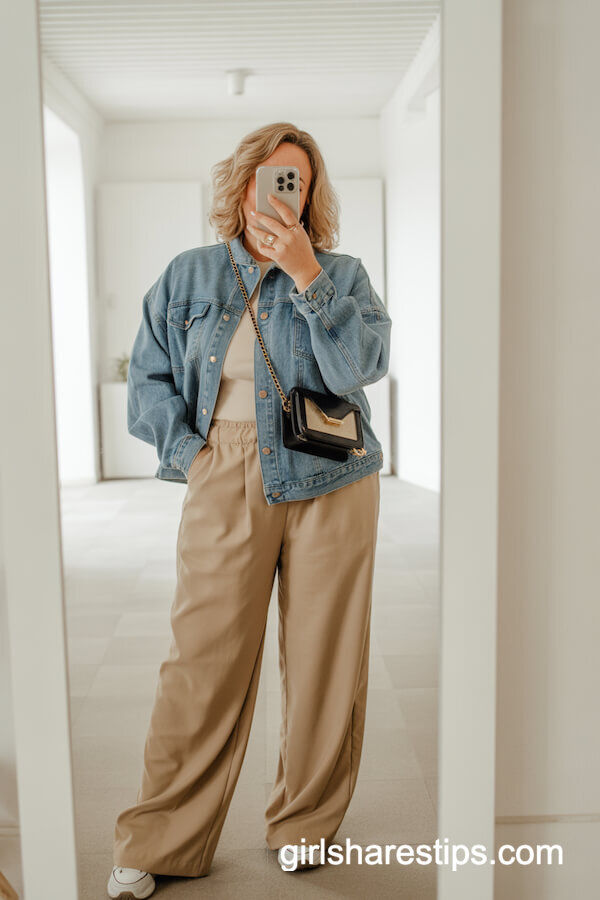 Denim Jacket and Khaki Wide-Leg Pants