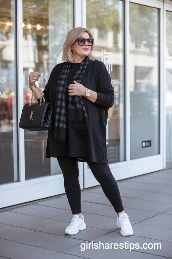 All-Black Outfit with Check Scarf