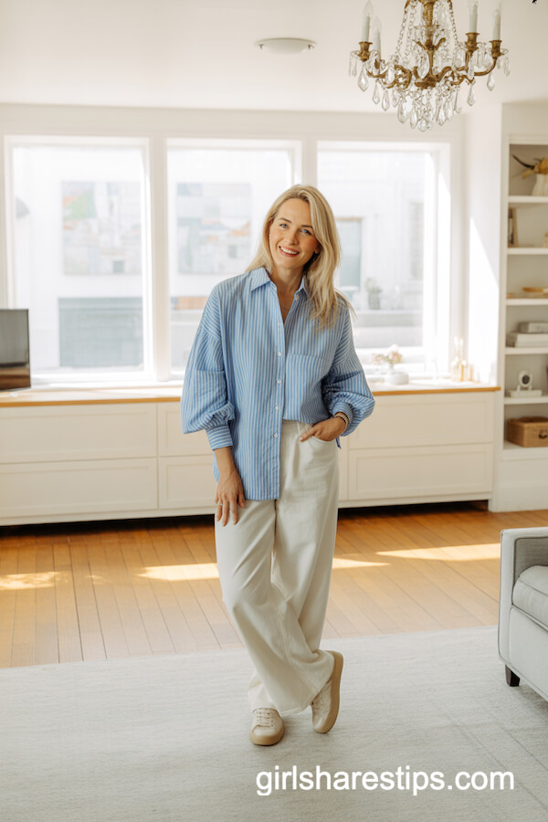 Striped Shirt and White Wide-Leg Pants