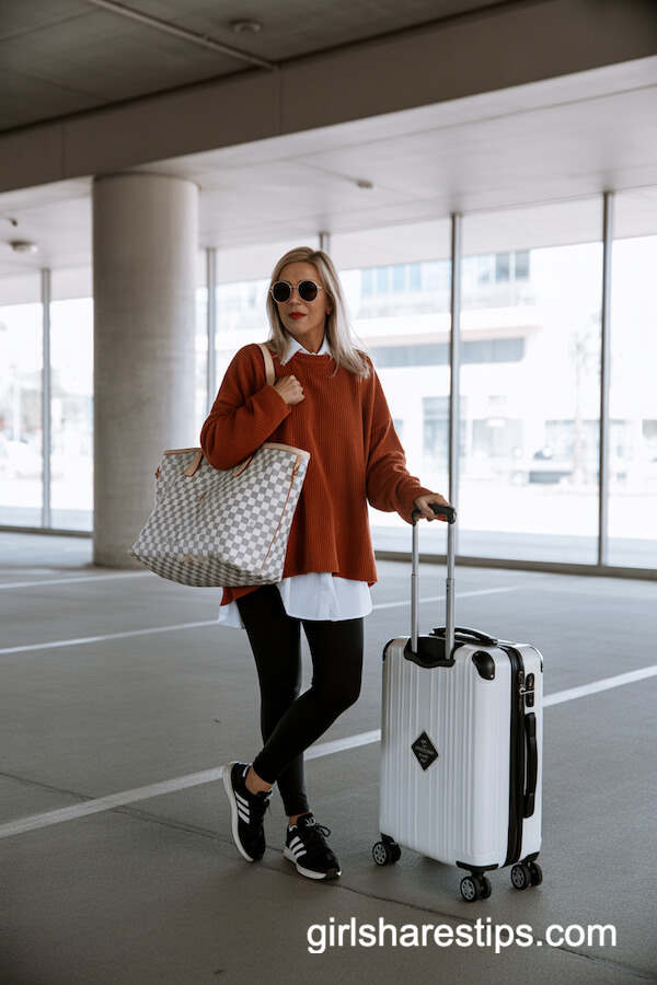Rust Sweater Layered Over Shirt with Leggings