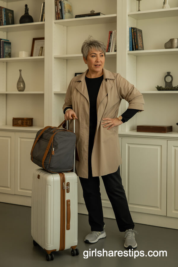 Beige Trench Coat with Black Top and Pants