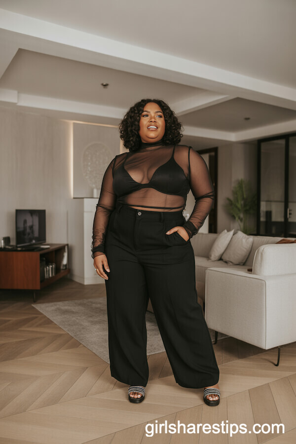 High-Waisted Black Pants and Sheer Mesh Top