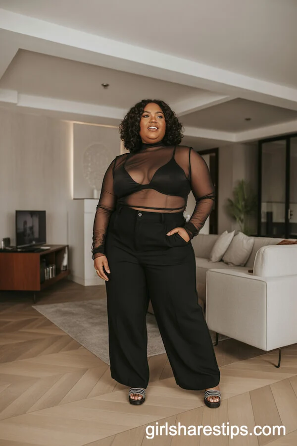 High-Waisted Black Pants and Sheer Mesh Top