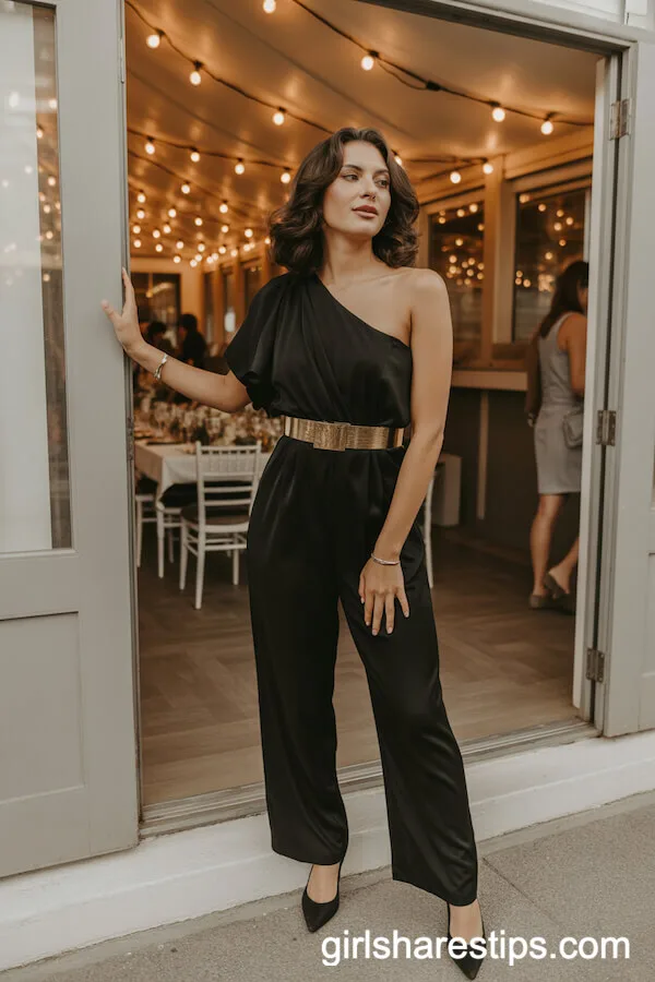Sleek Black One-Shoulder Jumpsuit with Gold Belt
