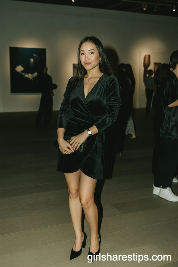 Black Velvet Wrap Mini Dress with Matching Clutch