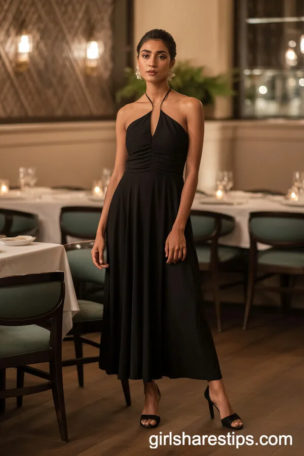 Flowing Black Halter Evening Dress