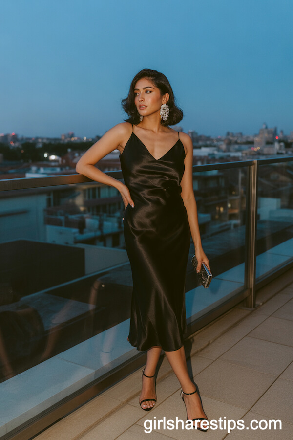 Sleek Black Satin Slip Dress with Statement Earrings