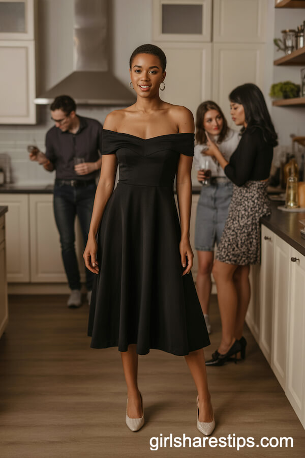 Off-Shoulder Black Fit-and-Flare Party Dress